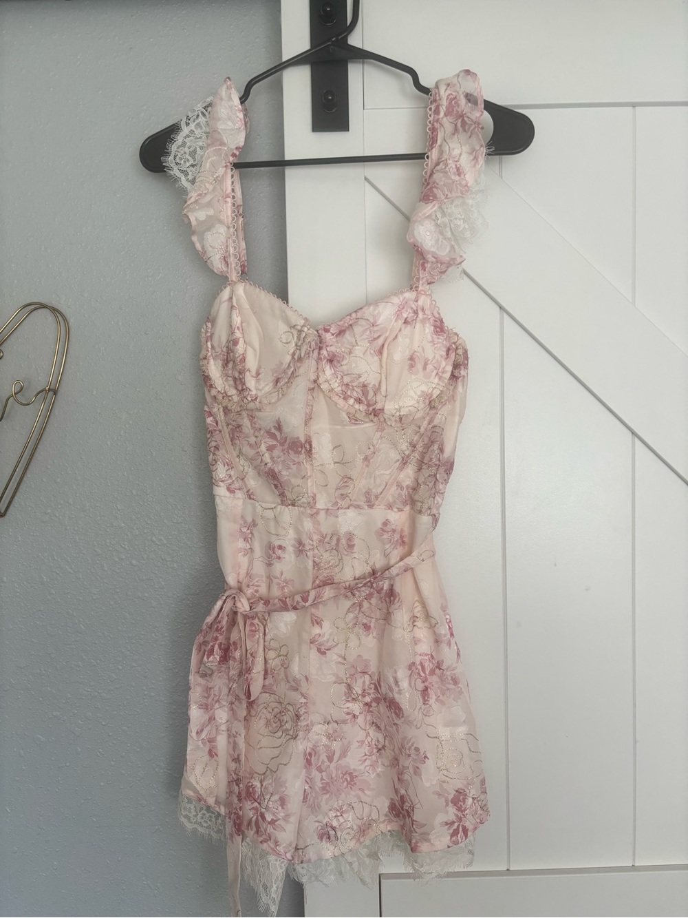 Lulu's Cream and Pink Floral Lace Chemise with Ruffled Straps